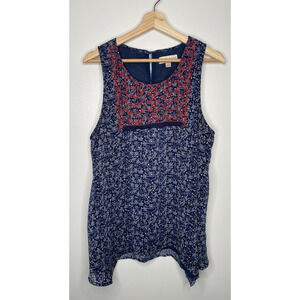 KNOX ROSE Blue Floral Print Sleeveless Top with Red Embroidery Accent Size Large